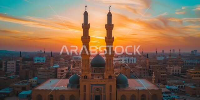 Sunset scene in the sky, Islamic holy places and landmarks, architectural decorations and designs for building mosques in the Kingdom of Saudi Arabia, minarets and domes in the modern Islamic style, getting closer to God Almighty through worship