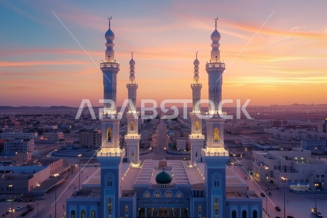 القبب و المآذن على الطراز الإسلامي العصري الحديث، نداء المسلمين لأداء الصلوات، مشهد غروب الشمس في السماء، أماكن ومعالم اسلامية مقدسة، الديكورات والتصاميم الهندسية المعمارية لبناء المساجد في المملكة العربية السعودية
