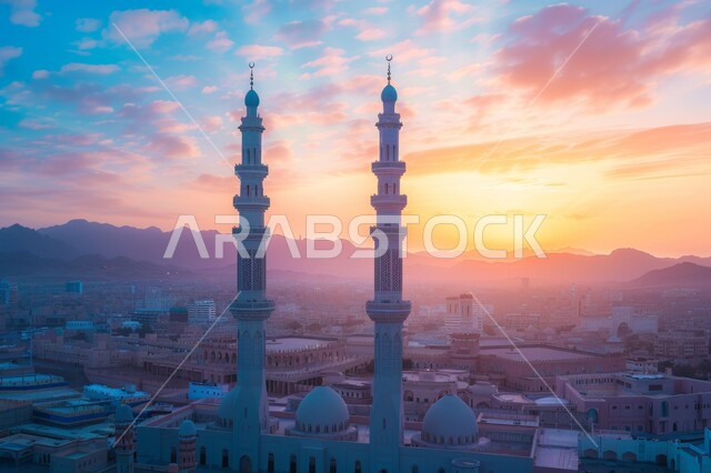 نداء المسلمين لأداء الصلوات، مشهد غروب الشمس في السماء، أماكن ومعالم اسلامية مقدسة، الديكورات والتصاميم الهندسية المعمارية لبناء المساجد في المملكة العربية السعودية، المآذن و القبب على الطراز الإسلامي العصري الحديث