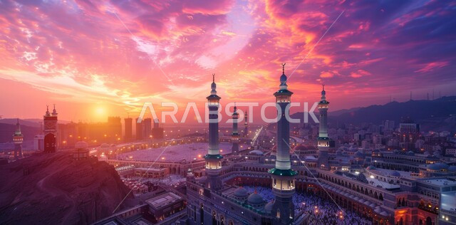 السماء المليئة بالغيوم وقت الغروب، القبب و المآذن على الطراز الإسلامي العصري الحديث، نداء المسلمين لأداء الصلوات، مشهد أماكن ومعالم اسلامية مقدسة، الديكورات والتصاميم الهندسية المعمارية لبناء المساجد في المملكة العربية السعودية