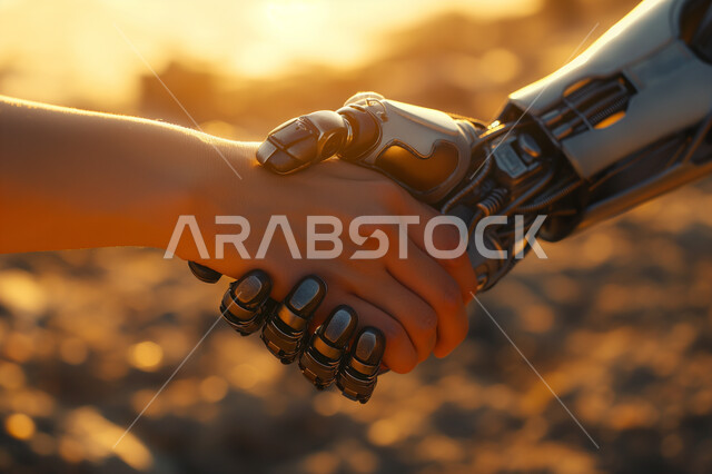 Innovation, science and technology, Saudi future vision 2030, digital transformation and technical progress, achieving the industrial revolution, a close-up of the hand of a Saudi Gulf Arab man shaking hands with a robot, the concept of cooperation between humans and robots