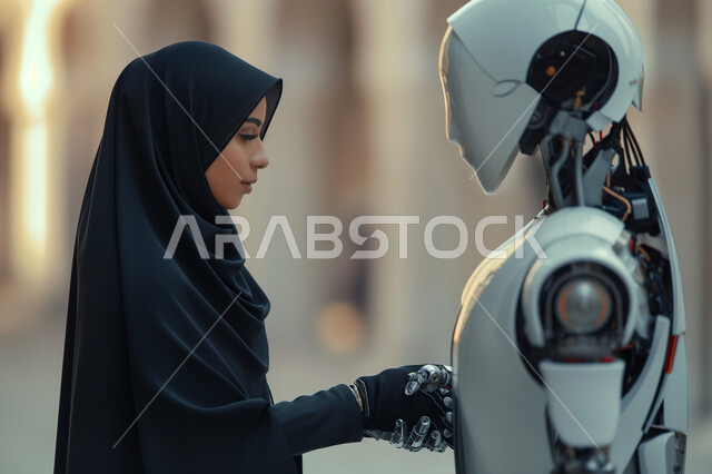 الابتكار والعلوم والتكنولوجيا، رؤية مستقبلية سعودية 2030، التحول الرقمي والتقدم التقني، تحقيق الثورة الصناعية, صورة مقربة لشابة عربية خليجية سعودية محجبة تقوم بمصافحة رجل آلي, مفهوم التعاون بين البشر والروبوتات