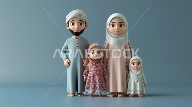 الاستمتاع بقضاء أوقات ممتعة مع الأبناء في أجواء هادئة, علاقات أسرية ناجحة وسعيدة، رسوم كرتونية ثلاثية الأبعاد لعائلة عربية سعودية خليجية مبتسمة تعانق بعضها البعض وتنظر إلى الكاميرا بتعابير الحب والحنان، خلفية زرقاء