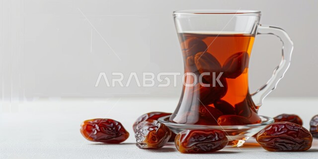 High nutritional value meal, hot healthy drink, cup of tea with fresh dates, local products and crops of Saudi Arabia, healthy and useful breakfast, white background