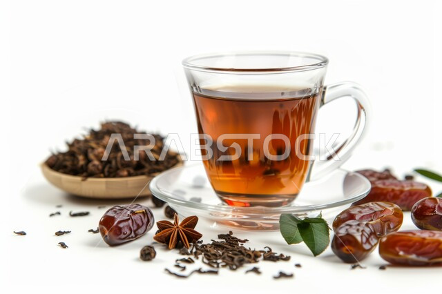 Crops and local products of Saudi Arabia, fresh dates with a cup of tea, hot healthy drinks, high nutritional value meal, healthy and useful breakfast, white background