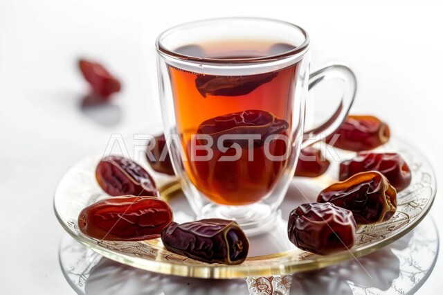 Saudi Arabia local products and crops, fresh dates with a cup of tea, hot healthy drinks, high nutritional value meal, healthy and useful breakfast, white background