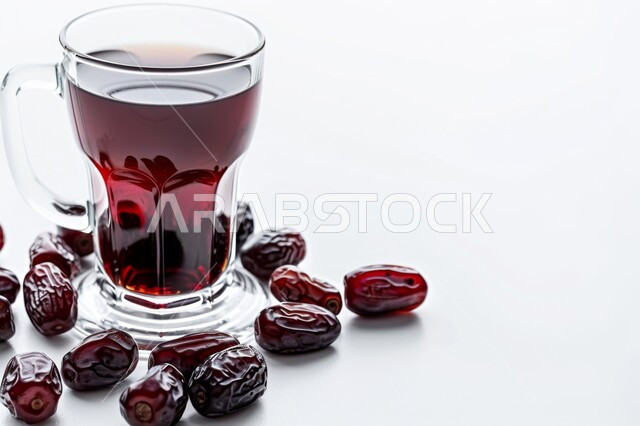 حبات التمر الطازجة مع كأس من الشاي، المشروبات الصحية الساخنة، وجبة ذات قيمة غذائية عالية، المنتجات والمحاصيل المحلية الوطنية في المملكة العربية السعودية، فطور صحي ومفيد، خلفية بيضاء