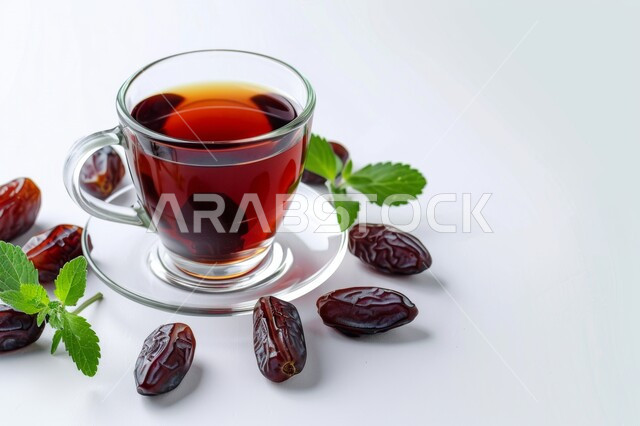 كأس من الشاي مع حبات التمر الطازجة، المشروبات الصحية الساخنة، وجبة ذات قيمة غذائية عالية، المنتجات والمحاصيل المحلية الوطنية في المملكة العربية السعودية، فطور صحي ومفيد، خلفية بيضاء