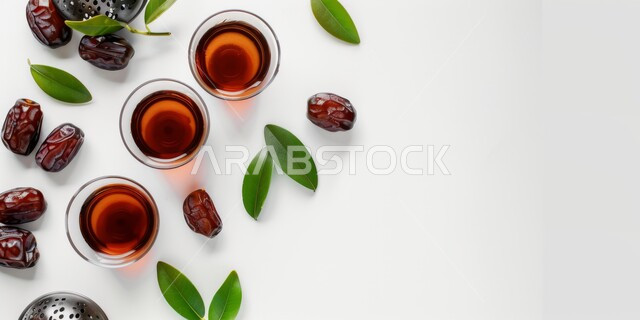 وجبة ذات قيمة غذائية عالية، فطور صحي ومفيد، المحاصيل و المنتجات المحلية الوطنية في المملكة العربية السعودية، حبات التمر الطازجة مع كأس من الشاي، المشروبات الصحية الساخنة، خلفية بيضاء