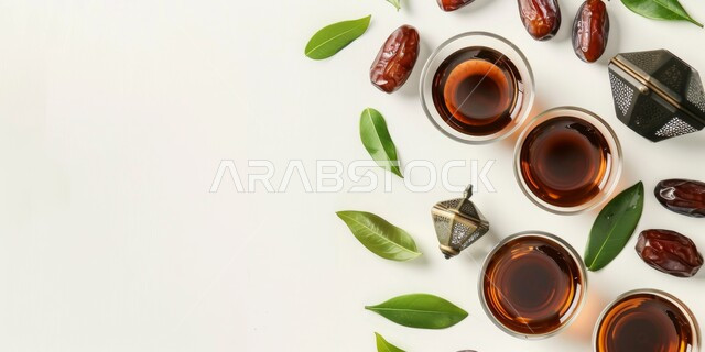 فطور صحي ومفيد، المحاصيل و المنتجات المحلية الوطنية في المملكة العربية السعودية، حبات التمر الطازجة مع كأس من الشاي، المشروبات الصحية الساخنة، وجبة ذات قيمة غذائية عالية، خلفية بيضاء