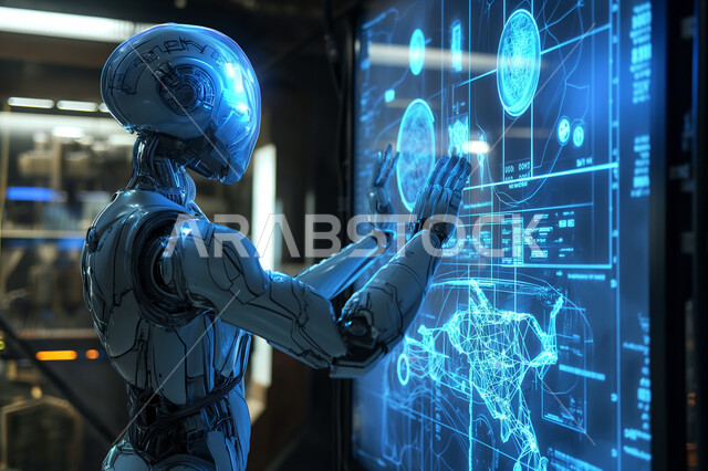 Achieving the future Saudi technological vision 2030, using smart robots and developing modern technologies, providing medical care, a close-up of a modern and advanced robot interacting with illuminated screens, the concept of digital transformation