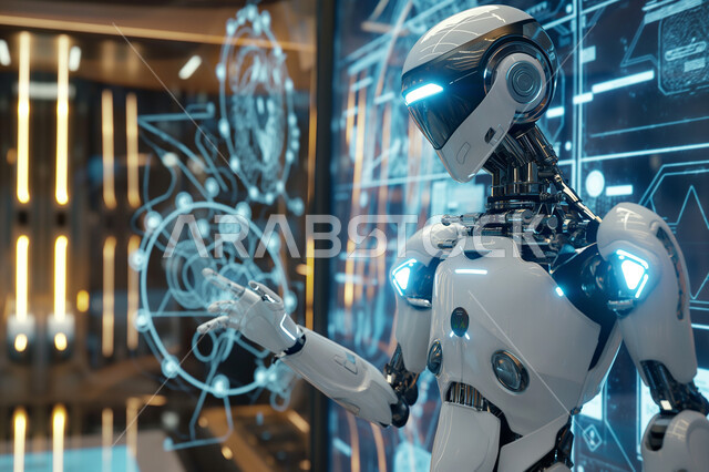 تحقيق الرؤية المستقبلية التكنولوجية السعودية 2030، استخدام الروبوتات الذكية و تطوير التقنيات الحديثة، تقديم الرعاية الطبية، صورة مقربة لرجل آلي حديث ومتطور يتفاعل مع الشاشات المضيئة، مفهوم التحول الرقمي