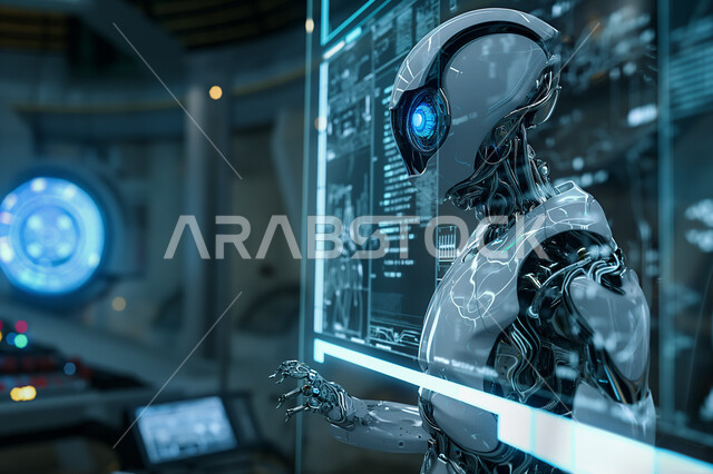 تحقيق الرؤية المستقبلية التكنولوجية السعودية 2030، استخدام الروبوتات الذكية و تطوير التقنيات الحديثة، تقديم الرعاية الطبية، صورة مقربة لرجل آلي حديث ومتطور يتفاعل مع الشاشات المضيئة، مفهوم التحول الرقمي