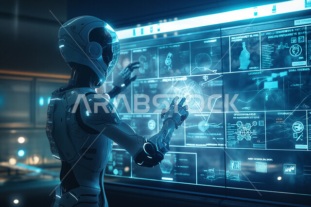 Achieving the future Saudi technological vision 2030, using smart robots and developing modern technologies, providing medical care, a close-up of a modern and advanced robot interacting with illuminated screens, the concept of digital transformation