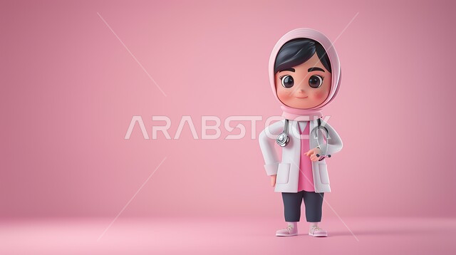النظر الى الكاميرا بتعابير السرور, رسوم ثلاثية الأبعاد لطبيبة عربية خليجية سعودية محجبة ترتدي المعطف الطبي و سماعات الطبيب الخاصة بنبضات القلب, مفهوم الطب و الرعاية الصحية, خلفية وردية