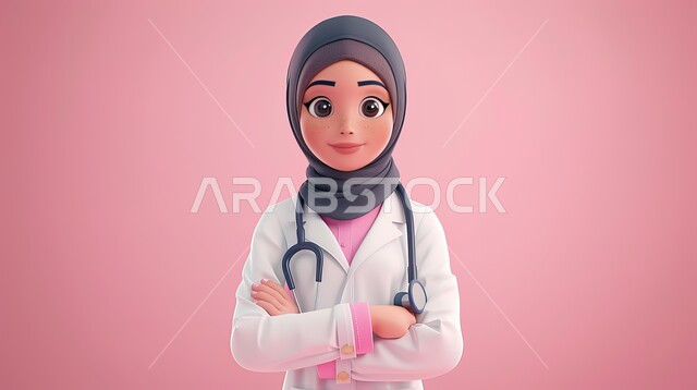 الوقوف بتعابير أيدي متقاطعه, رسوم ثلاثية الأبعاد مقربة لطبيبة عربية خليجية سعودية محجبة ترتدي المعطف الطبي و سماعات الطبيب الخاصة بنبضات القلب, مفهوم الطب و الرعاية الصحية, خلفية وردية