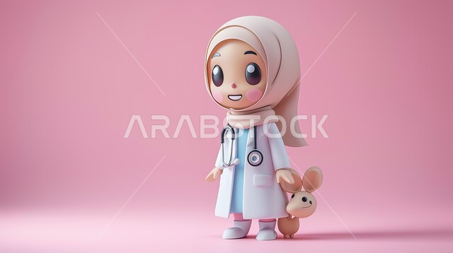 تعابير الصدمة و المفاجئة, رسوم ثلاثية الأبعاد لطبيبة عربية خليجية سعودية محجبة ترتدي المعطف الطبي و سماعات الطبيب الخاصة بنبضات القلب, مفهوم الطب و الرعاية الصحية, خلفية وردية