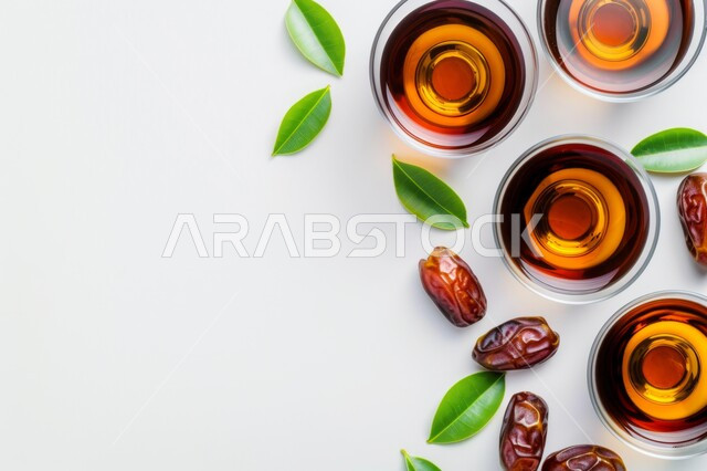 أكواب من الشاي مع حبات التمر الطازجة، المشروبات الصحية الساخنة، وجبة ذات قيمة غذائية عالية، فطور صحي ومفيد، المحاصيل و المنتجات المحلية الوطنية في المملكة العربية السعودية، خلفية بيضاء