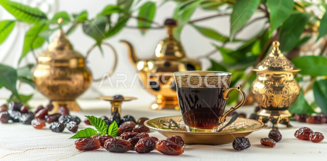 محاصيل ومنتجات محلية وطنية في المملكة العربية السعودية، إبريق وأكواب من الشاي مع حبات التمر الطازج، ضيافة رمضانية منعشة بعد الإفطار، قيمة غذائية وفوائد صحية عالية، وجبات ومشروبات ساخنة مفيدة