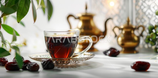 ضيافة رمضانية منعشة بعد الإفطار، إبريق وأكواب من الشاي مع حبات التمر الطازج، منتجات ومحاصيل محلية وطنية في المملكة العربية السعودية، قيمة غذائية وفوائد صحية عالية، وجبات ومشروبات ساخنة مفيدة