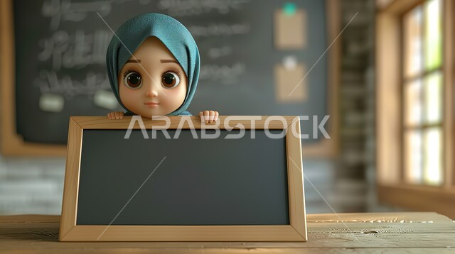 أهداف التربية والتعليم، حل الواجبات المدرسية في الفصل, الاستعداد لتقديم المناهج التعليمية الحديثة والمطورة في المملكة العربية السعودية، رسوم كرتونيه ثلاثية الابعاد لمعلمة عربية سعودية خليجية محجبة ترتدي العباءه تحمل بيدها لوح أخضر صغير