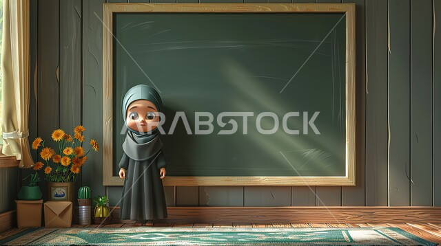 حل الواجبات المدرسية في الفصل, الاستعداد لتقديم المناهج التعليمية الحديثة والمطورة في المملكة العربية السعودية، أهداف التربية والتعليم، رسوم كرتونيه ثلاثية الابعاد لمعلمة عربية سعودية خليجية محجبة ترتدي العباءه السوداء تقف بجانب اللوح أخضر