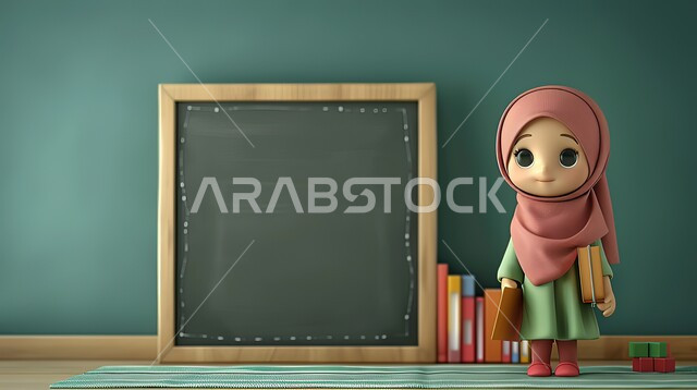 الاستعداد لتقديم المناهج التعليمية الحديثة والمطورة في المملكة العربية السعودية، حل الواجبات المدرسية في الفصل، أهداف التربية والتعليم، رسوم كرتونيه ثلاثية الابعاد لمعلمة عربية سعودية خليجية محجبة ترتدي العباءه تقف بجانب اللوح أخضر