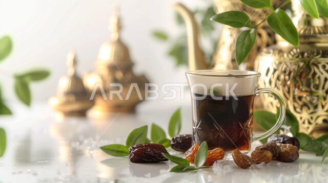 مشروبات ساخنة ووجبات مفيدة، فوائد صحية وقيمة غذائية عالية، محاصيل ومنتجات محلية وطنية في المملكة العربية السعودية، إبريق نحاسي وكوب من الشاي مع حبات التمر الطازج، ضيافة رمضانية منعشة بعد الإفطار