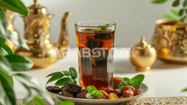 وجبات ومشروبات ساخنة مفيدة، فوائد صحية وقيمة غذائية عالية، محاصيل ومنتجات محلية وطنية في المملكة العربية السعودية، إبريق نحاسي وكوب من الشاي مع حبات التمر الطازج، ضيافة رمضانية منعشة بعد الإفطار