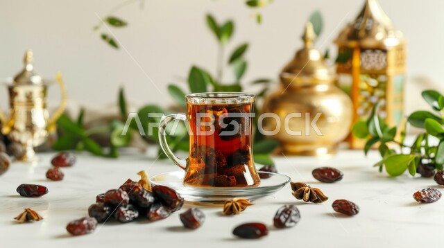 قيمة غذائية وفوائد صحية عالية، محاصيل ومنتجات محلية وطنية في المملكة العربية السعودية، إبريق نحاسي وكوب من الشاي مع حبات التمر الطازج، ضيافة رمضانية منعشة بعد الإفطار، وجبات ومشروبات ساخنة مفيدة