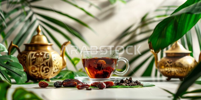 فوائد صحية وقيمة غذائية عالية، حبات التمر الطازج مع إبريق نحاسي وكوب من الشاي، ضيافة رمضانية منعشة بعد الإفطار، مشروبات ساخنة ووجبات مفيدة، محاصيل ومنتجات محلية وطنية في المملكة العربية السعودية
