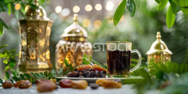 حبات التمر الطازج مع إبريق نحاسي وكوب من الشاي، ضيافة رمضانية منعشة بعد الإفطار، مشروبات ساخنة ووجبات مفيدة، فوائد صحية وقيمة غذائية عالية، محاصيل ومنتجات محلية وطنية في المملكة العربية السعودية