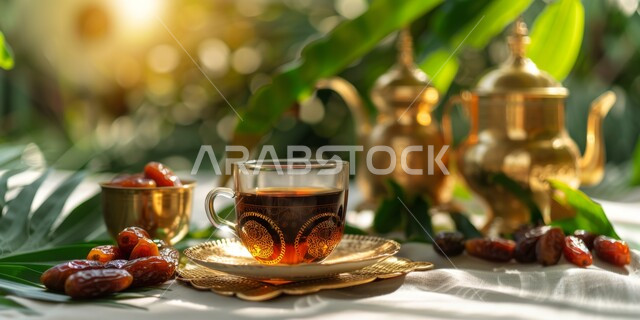 إبريق نحاسي وكوب من الشاي مع حبات التمر الطازج، ضيافة رمضانية منعشة بعد الإفطار، مشروبات ساخنة ووجبات مفيدة، فوائد صحية وقيمة غذائية عالية، محاصيل ومنتجات محلية وطنية في المملكة العربية السعودية