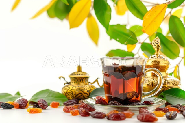 التمر الطازج مع إبريق نحاسي وكوب من الشاي، مشروبات ساخنة ووجبات مفيدة، حسن الاستقبال والضيافة الرمضانية بعد الإفطار، فوائد صحية وقيمة غذائية عالية، محاصيل ومنتجات محلية وطنية في المملكة العربية السعودية
