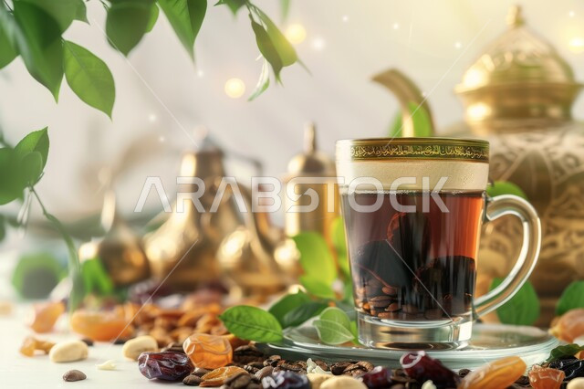 حبوب التمر الطازج مع إبريق نحاسي وكوب من الشاي، مشروبات ساخنة ووجبات مفيدة، حسن الاستقبال والضيافة الرمضانية بعد الإفطار، فوائد صحية وقيمة غذائية عالية، محاصيل ومنتجات محلية وطنية في المملكة العربية السعودية