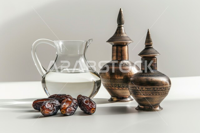  أنتيكا تراثية في المملكة العربية السعودية, الأدوات العربية الشرقية مصنوعة من النحاس بأسلوب تقليدي, منتجات ومحاصيل محلية وطنية، أباريق نحاسية وحبات التمر الطازج، وجبة ذات قيمة غذائية عالية، حسن الضيافة والإستقبال، خلفية بيضاء