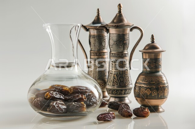 الأدوات العربية الشرقية مصنوعة من النحاس بأسلوب تقليدي, أنتيكا تراثية في المملكة العربية السعودية, منتجات ومحاصيل محلية وطنية، أباريق نحاسية وحبات التمر الطازج، وجبة ذات قيمة غذائية عالية، حسن الضيافة والإستقبال، خلفية بيضاء
