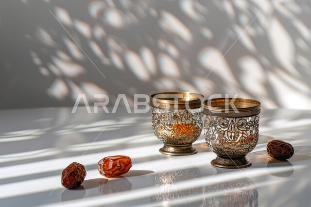 كؤوس نحاسية وحبات التمر الطازج، محاصيل ومنتجات محلية وطنية، أنتيكا تراثية في المملكة العربية السعودية, الأدوات الشرقية مصنوعة من النحاس بأسلوب تقليدي, وجبة ذات قيمة غذائية عالية، حسن الضيافة والإستقبال، خلفية بيضاء