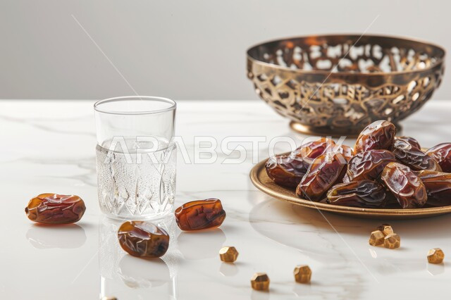 أواني وأطباق نحاسية وحبات التمر الطازج، محاصيل ومنتجات محلية وطنية، أنتيكا تراثية في المملكة العربية السعودية, الأدوات الشرقية مصنوعة من النحاس بأسلوب تقليدي, وجبة ذات قيمة غذائية عالية، حسن الضيافة والإستقبال، خلفية بيضاء