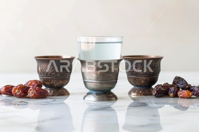 Oriental utensils made of copper in traditional style, copper cups and fresh dates, local crops and products, heritage antique in Saudi Arabia, meal with high nutritional value, hospitality and reception, white background