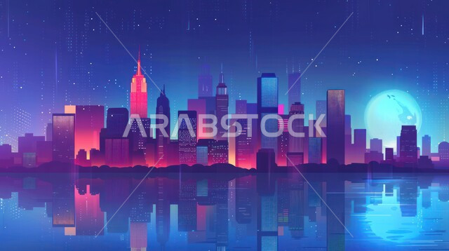 الفن الهندسي المعماري على الطراز الحديث للأماكن السياحيه المشهورة, التطور والنمو العمراني المتقدم، معالم الامارات العربية المتحدة، الأبراج وناطحات السحاب على الواجهه البحريه، خلفية السماء المليئة بالنجوم