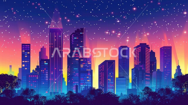 التطور والنمو العمراني المتقدم، معالم الامارات العربية المتحدة، الأبراج وناطحات السحاب على الواجهه البحريه، الفن الهندسي المعماري على الطراز الحديث للأماكن السياحيه المشهورة, خلفية السماء المليئة بالنجوم