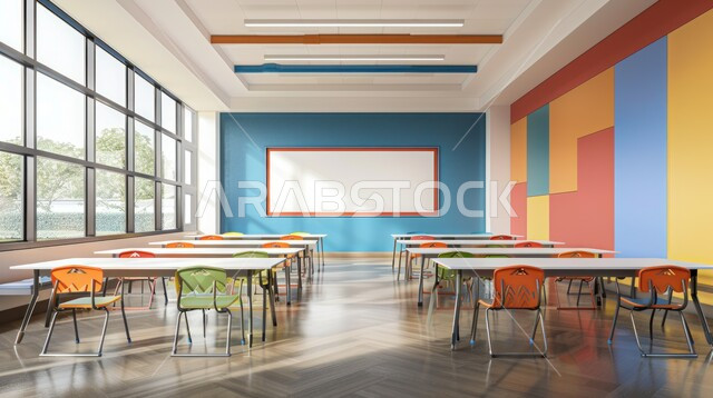 المقاعد و الكراسي الملونة في أحد المدارس ,مفهوم التعليم في المملكة العربيه السعودية, مدرسة سعودية مجهزة بتصاميم حديثة, الديكورات الداخلية المميزة