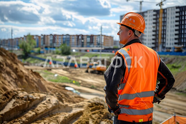 Construction sites and work on the project, following up on the progress of work, directly supervising the work, a picture from the side of an Arab Gulf man wearing an orange safety vest and an orange helmet standing at the construction site, modern architectural construction projects and plans