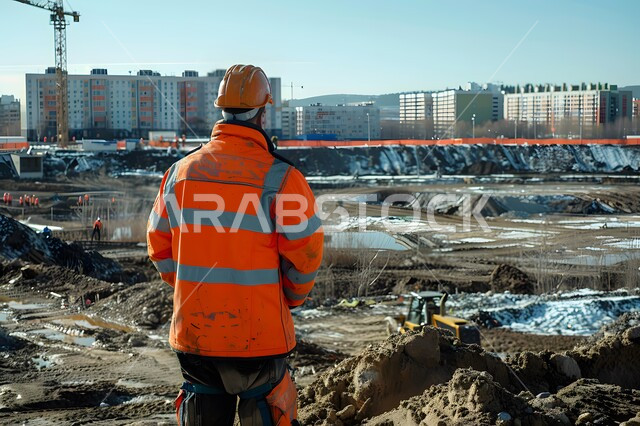 Following up on the progress of work, supervising the work directly, a picture from the back, an Arab Gulf man wearing an orange safety vest and an orange helmet standing at the construction site, modern architectural construction projects and plans, construction sites and work on the project