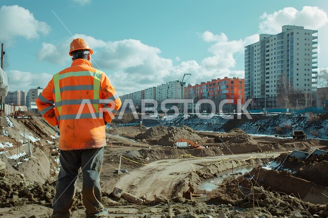 الإشراف على العمل بشكل مباشر, صورة من الخلف لرجل عربي خليجي يرتدي سترة الأمان البرتقالية والخوذة البرتقالية يقف في موقع الإنشاء, مشاريع وخطط إنشائية معمارية حديثة, مواقع البناء والعمل على المشروع, متابعة سير العمل