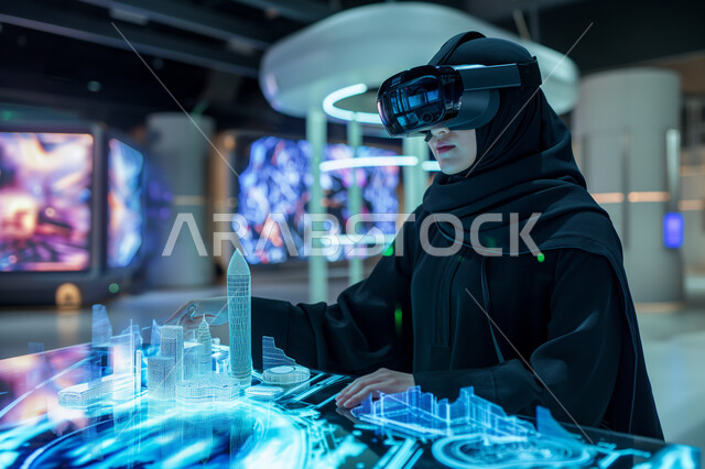Digital transformation concept, Saudi technological future vision, technological progress and development in the engineering field, close-up image of a veiled Saudi Arabian Gulf young woman wearing an abaya and artificial intelligence glasses sitting at a desk with a table containing holographic screens and three-dimensional models