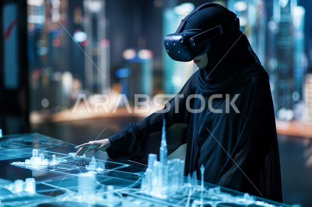 التقدم والتطور التقني في المجال الهندسي، مفهوم التحول الرقمي، رؤية مستقبلية تكنولوجية سعودية، صورة مقربة لشابة عربية خليجية سعودية محجبة ترتدي العباية ونظارات الذكاء الاصطناعي تقف أمام طاولة تحوي شاشات هولوجرامية ومجسمات ثلاثية الأبعاد