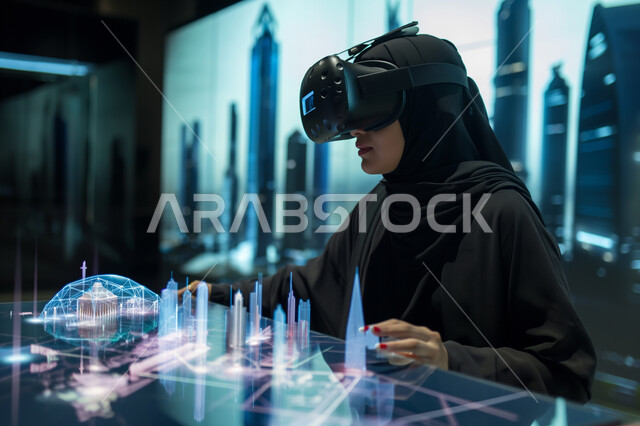 Saudi technological future vision, the concept of digital transformation, technological progress and development in the engineering field, a close-up of a veiled Saudi Arabian Gulf young woman wearing an abaya and artificial intelligence glasses sitting at a desk with a table containing holographic screens and three-dimensional models