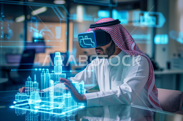 Saudi technological future vision, the concept of digital transformation, technological progress and development in the engineering field, a close-up image of a Saudi Arabian Gulf engineer wearing traditional clothing and artificial intelligence glasses sitting at a desk with a table containing holographic screens and 3D models